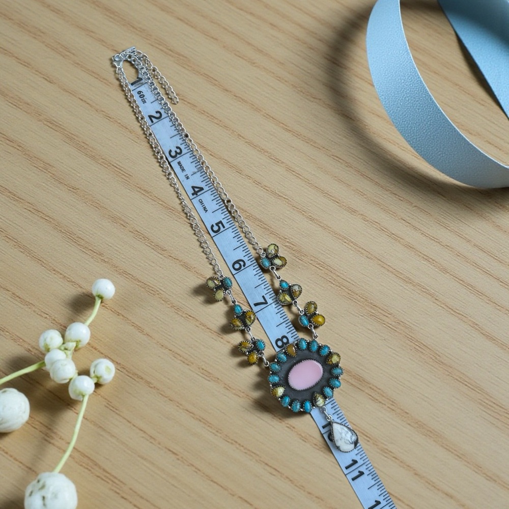 Honey Dahlia Turquoise, Kingman Turquoise & Conch Solid Sterling Silver Necklace - Picture 10 of 15